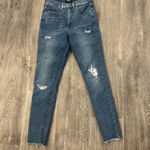 Upcycled Lace detailing High-Rise Super Stretch Skinny Jeans - Blue